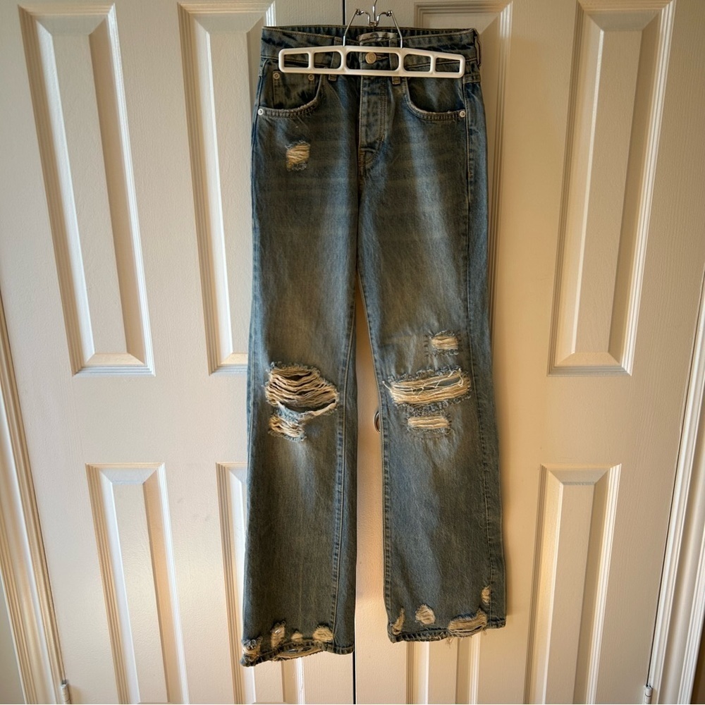 Free People Distressed Wide Leg Jeans